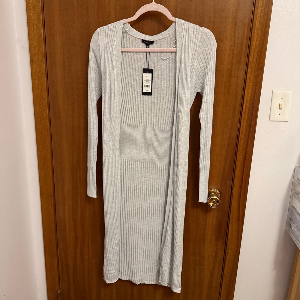 Dynamite Light Grey Knit Long Sleeve Ribbed Maxi Cardigan